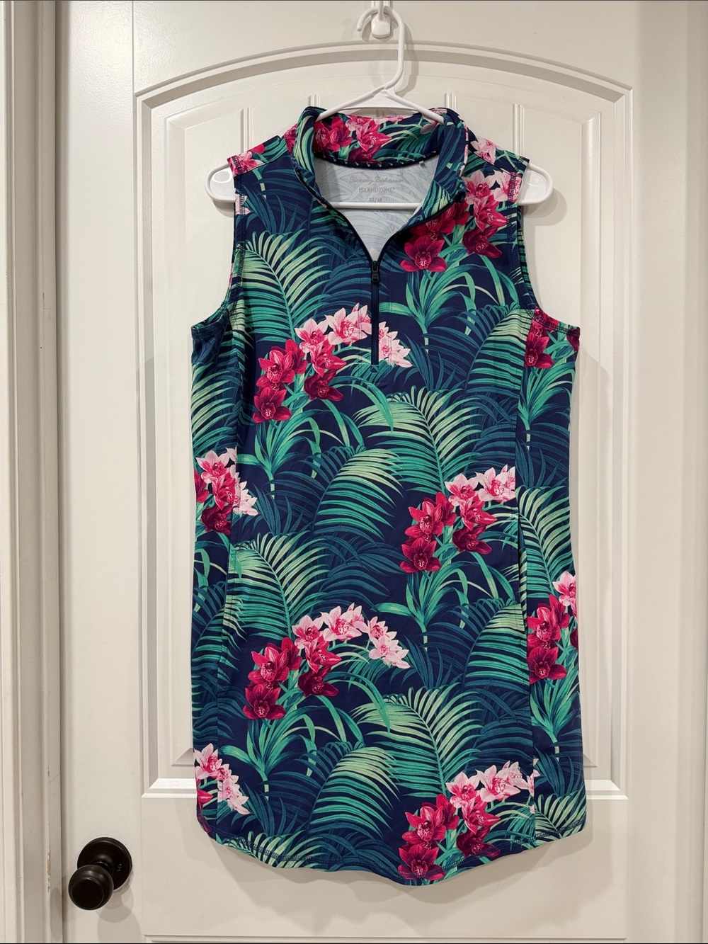 EUC Tommy Bahama Island Zone Navy Tropical Floral Zip-Neck Sleeveless Dress